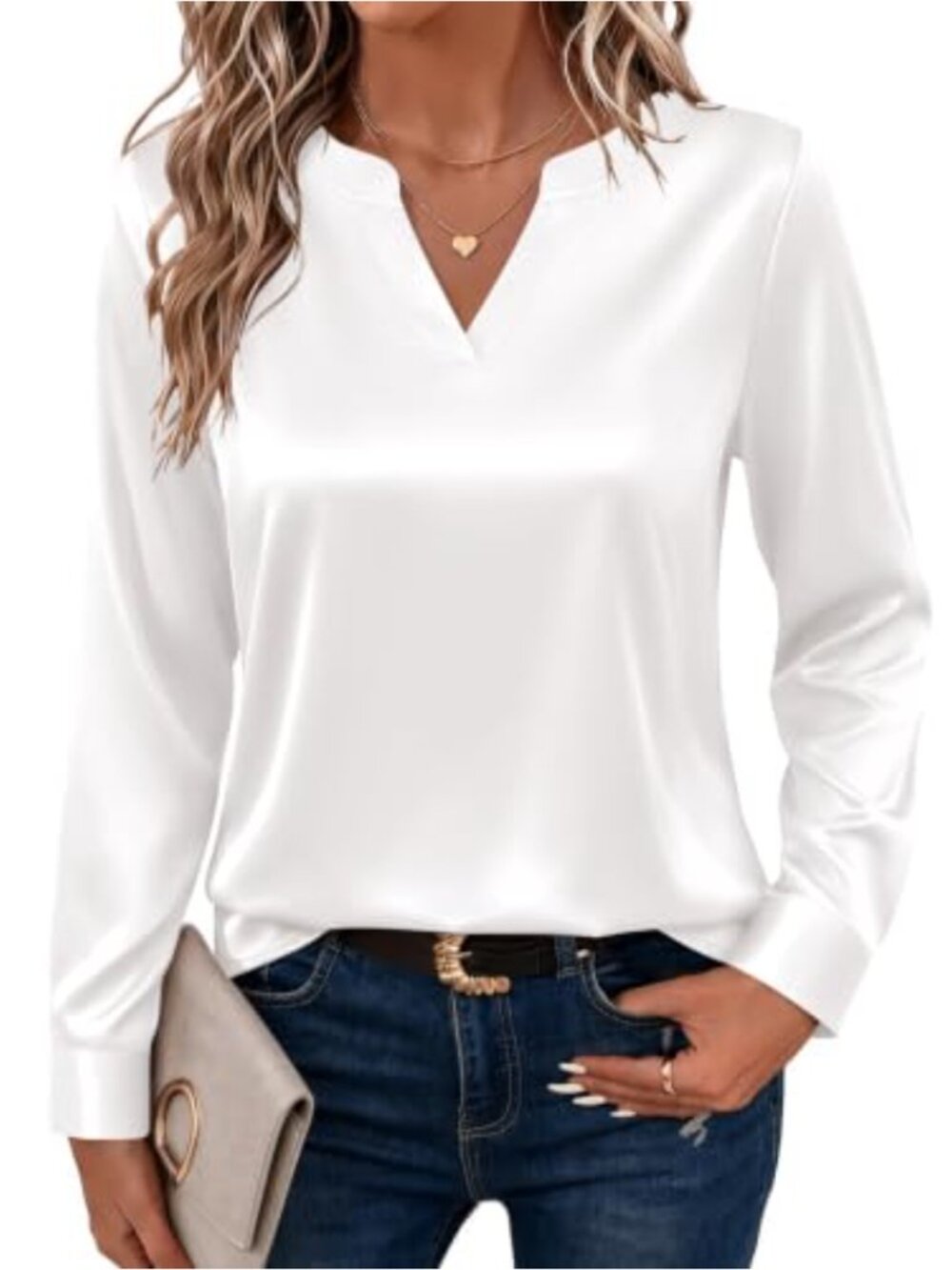 Satin V-Neck Long Sleeve Blouse Button Cuff Casual Work Top